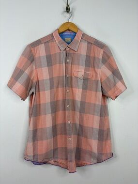 Tommy Bahama Shirt Mens XL Orange Brown Check Cotton Stretch Short Sleeve Casual